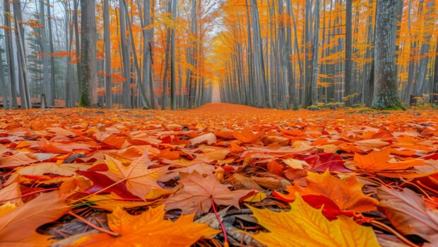 Autumn forest desktop 4K wallpaper with a carpet of fallen leaves.