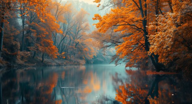 Autumn forest desktop HD wallpaper with a calm river.