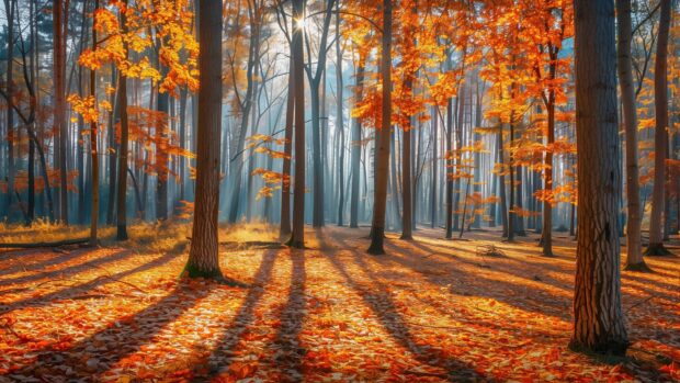 Autumn forest desktop backgroun with sunlight casting long shadows.
