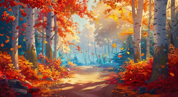 Autumn forest desktop wallpaper 1080p with vibrant red, orange, and yellow leaves, sunlight filtering through the trees, aesthetic style desktop wallpaper.