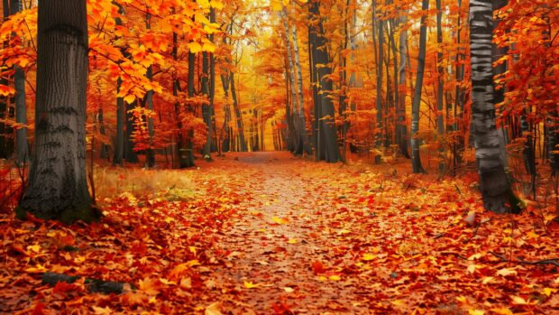 Autumn forest desktop wallpaper HD with golden and red leaves.