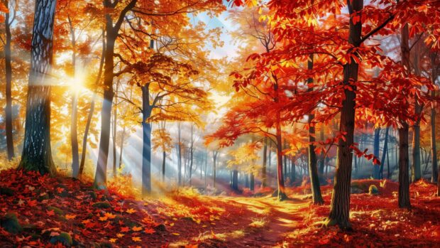 Autumn forest with vibrant red, orange, and yellow leaves, sunlight filtering through the trees.
