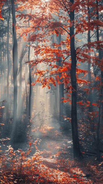 Autumn forest with vibrant red, orange, and yellow leaves, sunlight filtering through the trees, serene and tranquil atmosphere.
