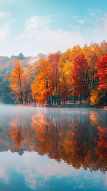 Autumn lake reflecting the colorful foliage of surrounding trees, aesthetic landscape fall iPhone wallpaper.