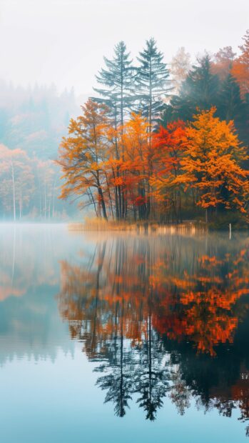 Autumn lake reflecting the colorful foliage of surrounding trees, calm and clear water, HD Fall iPhone Wallpaper.