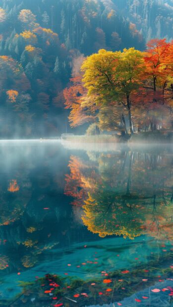Autumn lake reflecting the colorful foliage of surrounding trees, calm and clear water, mist rising in the morning light.