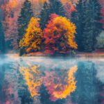 Autumn lake reflecting the colorful foliage of surrounding trees, calm and clear water, mist rising in the morning light aesthetic landscape.