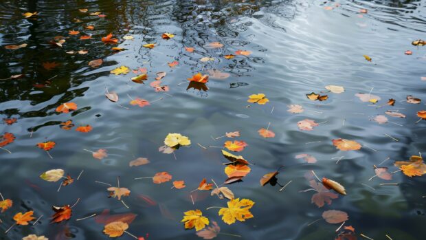 Autumn leaves 4K wallpaper floating on a serene pond.