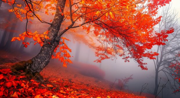 Autumn leaves HD wallpaper with misty morning in an autumn forest.