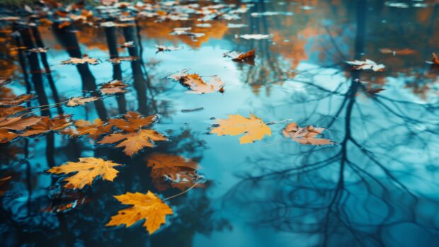 Autumn leaves floating on a serene pond.