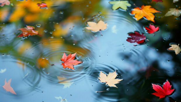Autumn leaves floating on a serene pond, HD Wallpaper.