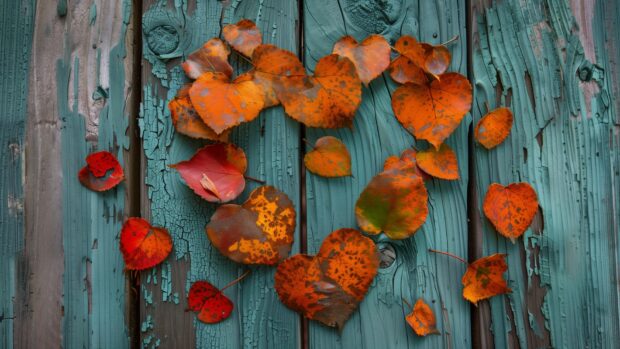 Autumn leaves forming a heart shape on a rustic wooden background, Autumn Wallpaper for Desktop.