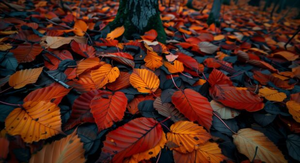 Autumn leaves wallpaper HD creating a vibrant carpet on the forest floor.