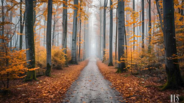 Autumn wallpaper 4K with a pathway through a dense autumn forest with colorful leaves.