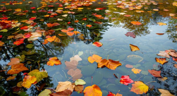 Background Autumn leaves floating on a serene pond.