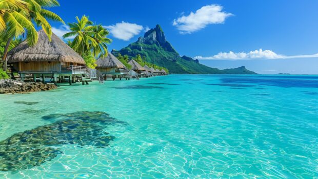Beach 4K Background with a tropical island paradise with overwater bungalows and a clear, blue lagoon.