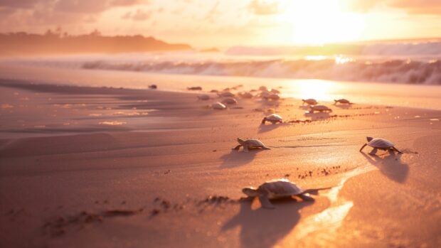 Beach Desktop Wallpaper 4K with sea turtles nesting in the sand.