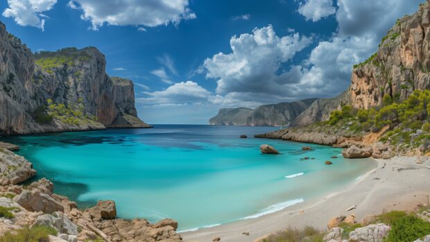 Beach Desktop Wallpaper with a secluded cove with turquoise waters and rugged cliffs.