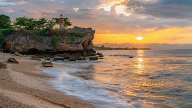 Beach Wallpaper 4K with a lighthouse standing tall on a rocky promontory.