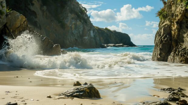 Beach Wallpaper 4K with dramatic rock formations and crashing waves.