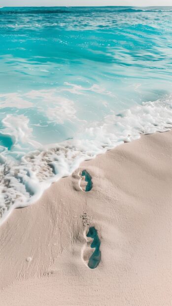 Beach image for mobile wallpaper with delicate footprints in the sand, leading to the water edge.