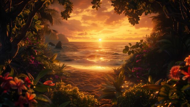 Beach sunset 4K framed by tropical foliage and vibrant flowers.