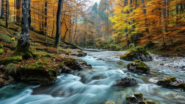 Beautiful autumn 4K wallpaper with a river and colorful trees.