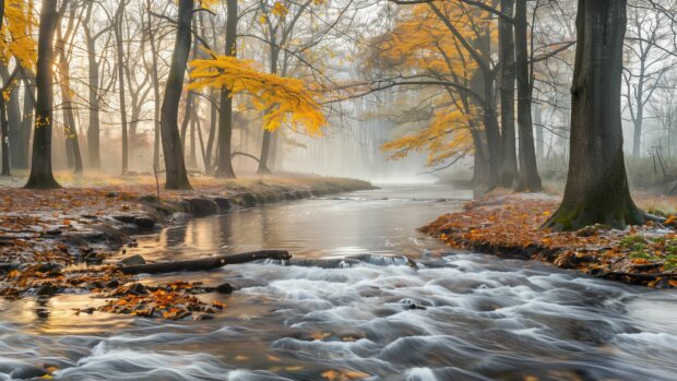 Beautiful autumn landscape 4K with a river and colorful trees.