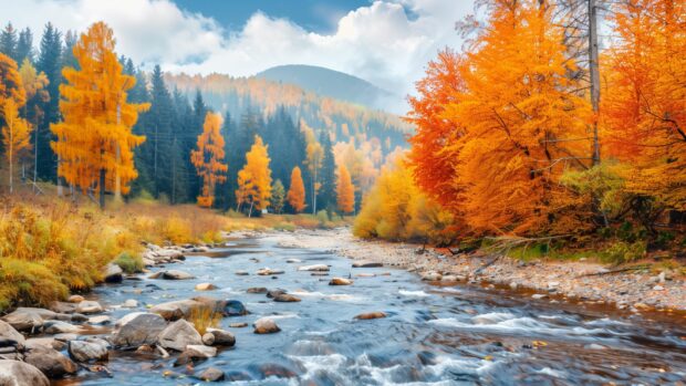 Beautiful autumn landscape with a river and colorful trees.