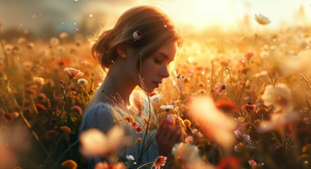 Beautiful girl in the field of flowers Full HD Desktop Background.