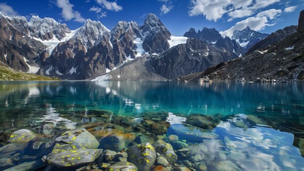 Bing Daily background with snow capped mountains with a clear blue lake, reflection of the peaks.