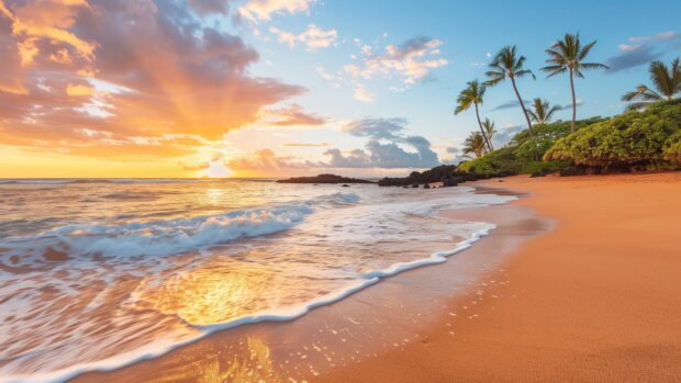 Bing Daily background with tropical beach at sunset, colorful sky, gentle waves lapping the shore.