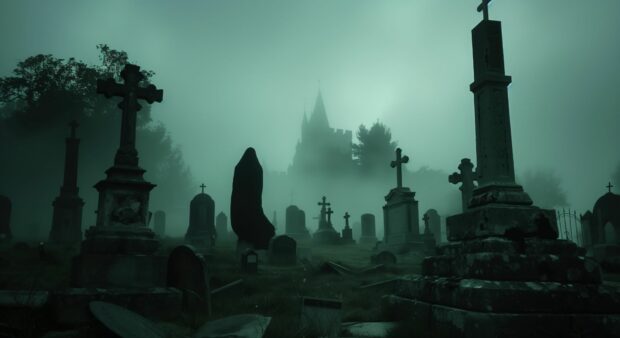 Black Halloween Desktop wallpaper with Ghostly apparitions floating through a misty cemetery.