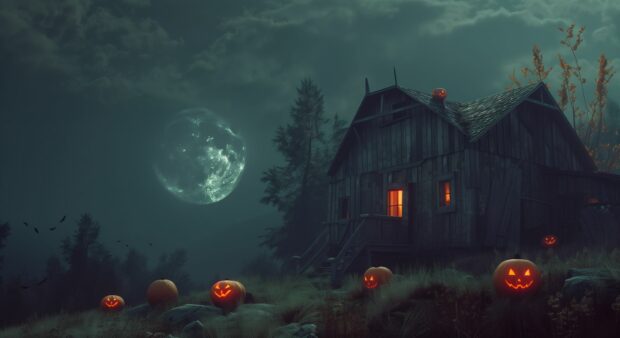 Black Halloween HD Wallpaper with pumpkins , witches , full moon, house.