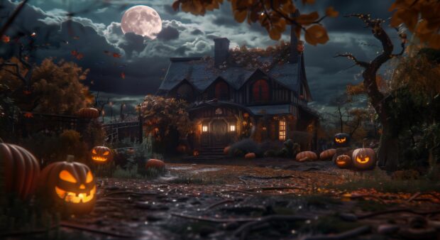 Black Halloween wallpaper with  pumpkins , witches , full moon, house.