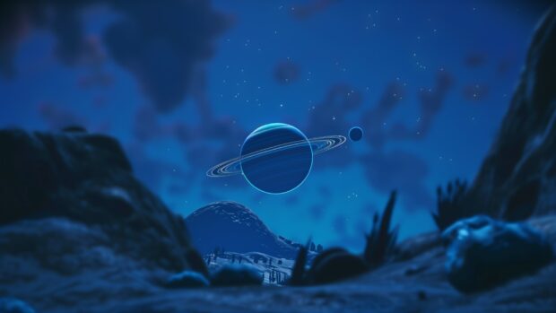 Blue Space 1080p background with a beautiful image of a blue ringed planet with its moons, set against a deep blue starry background.