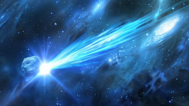 Blue Space 1080p background with a close up view of a blue comet streaking across space, with its glowing tail illuminating the surrounding stars.