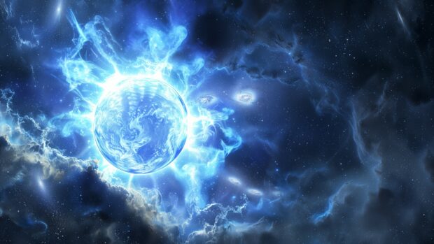 Blue Space 1080p background with a detailed depiction of a blue supergiant star, radiating intense light and surrounded by distant galaxies.