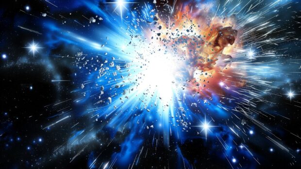 Blue Space 1080p background with a dramatic scene of a blue supernova explosion, with intense light and cosmic debris spreading out into space.