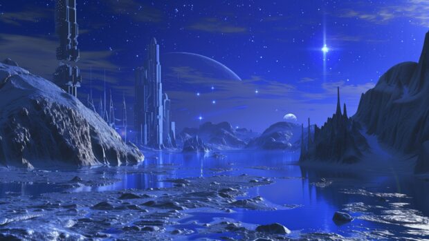 Blue Space 1080p background with a futuristic depiction of a blue space colony on an alien planet, with advanced technology and a star filled sky.
