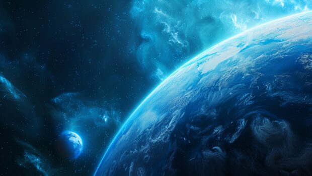 Blue Space 2K background with an epic view of a blue planet with swirling clouds and oceans, set against the backdrop of the deep blue cosmos.