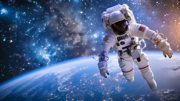 Blue Space 4K background HD with Blue Space background with a panoramic view of an astronaut floating in deep blue space, with Earth and distant stars in the background.
