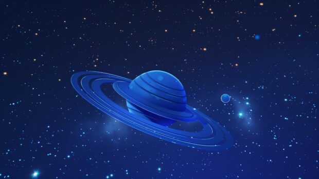 Blue Space 4K background with a beautiful image of a blue ringed planet with its moons, set against a deep blue starry background.