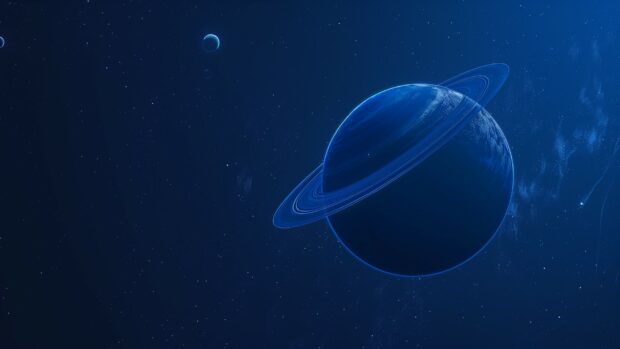 Blue Space Desktop Background with a beautiful image of a blue ringed planet with its moons, set against a deep blue starry background .