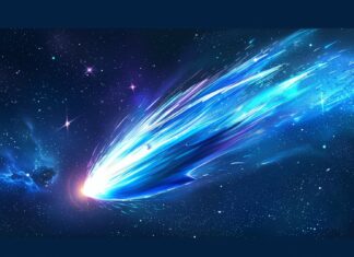 Blue Space Desktop Background with a close up view of a blue comet streaking across space, with its glowing tail illuminating the surrounding stars.