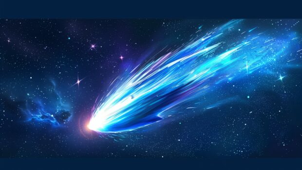 Blue Space Desktop Background with a close up view of a blue comet streaking across space, with its glowing tail illuminating the surrounding stars.