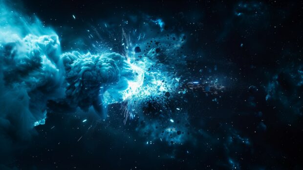 Blue Space Desktop Background with a dramatic scene of a blue supernova explosion, with intense light and cosmic debris spreading out into space.