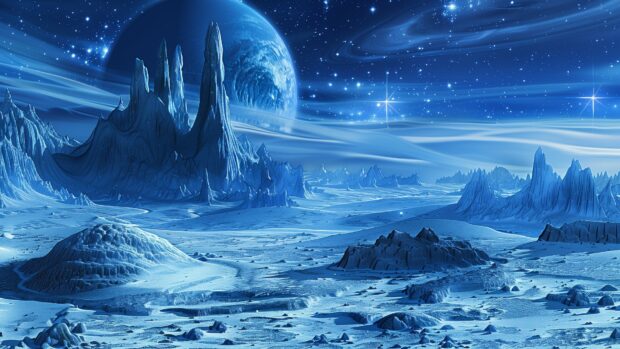 Blue Space Desktop Background with a futuristic depiction of a blue space colony on an alien planet, with advanced technology and a star filled sky.