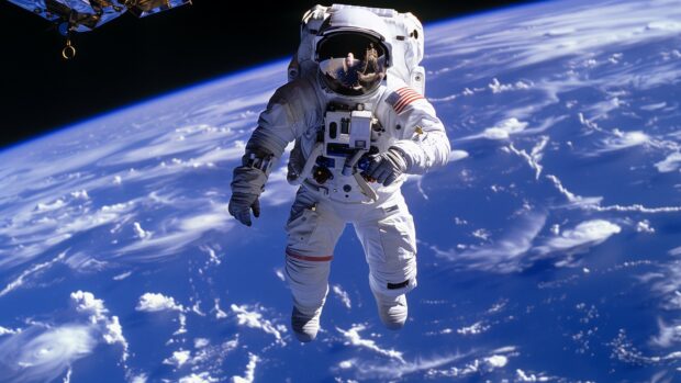 Blue Space Desktop Background with a panoramic view of an astronaut floating in deep blue space, with Earth and distant stars in the background.