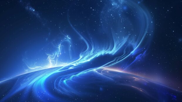 Blue Space background 3840x2160px with a vibrant depiction of a blue aurora dancing over a distant planet, with the starry sky creating a magical effect.